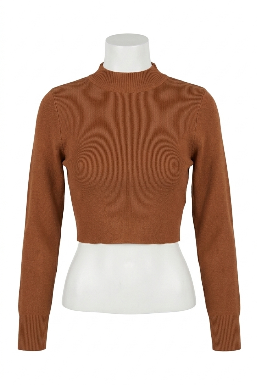 NEW ENDLESS BLU. cropped open-back mock neck sweater in amber brown